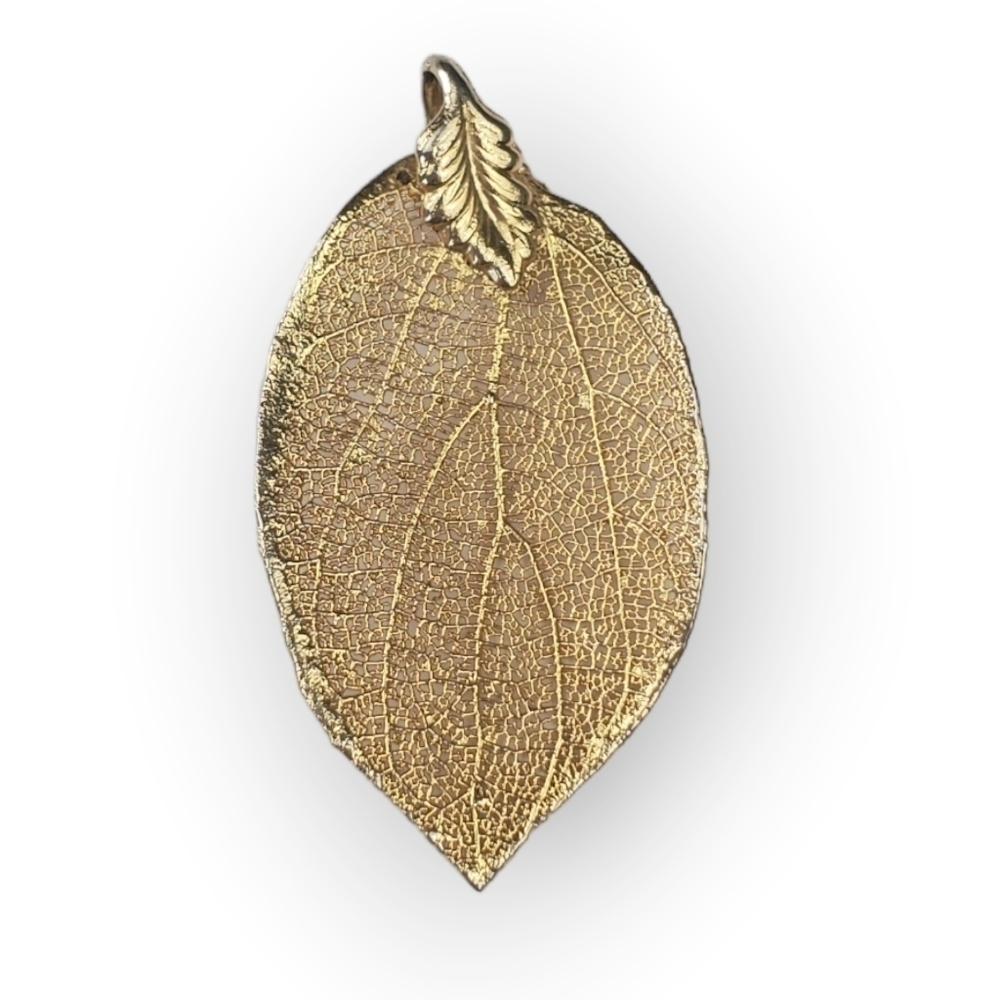 Vintage Leaf Skeleton Necklace Pendant Gold Plated Real Leaf Bohemian 2" Long